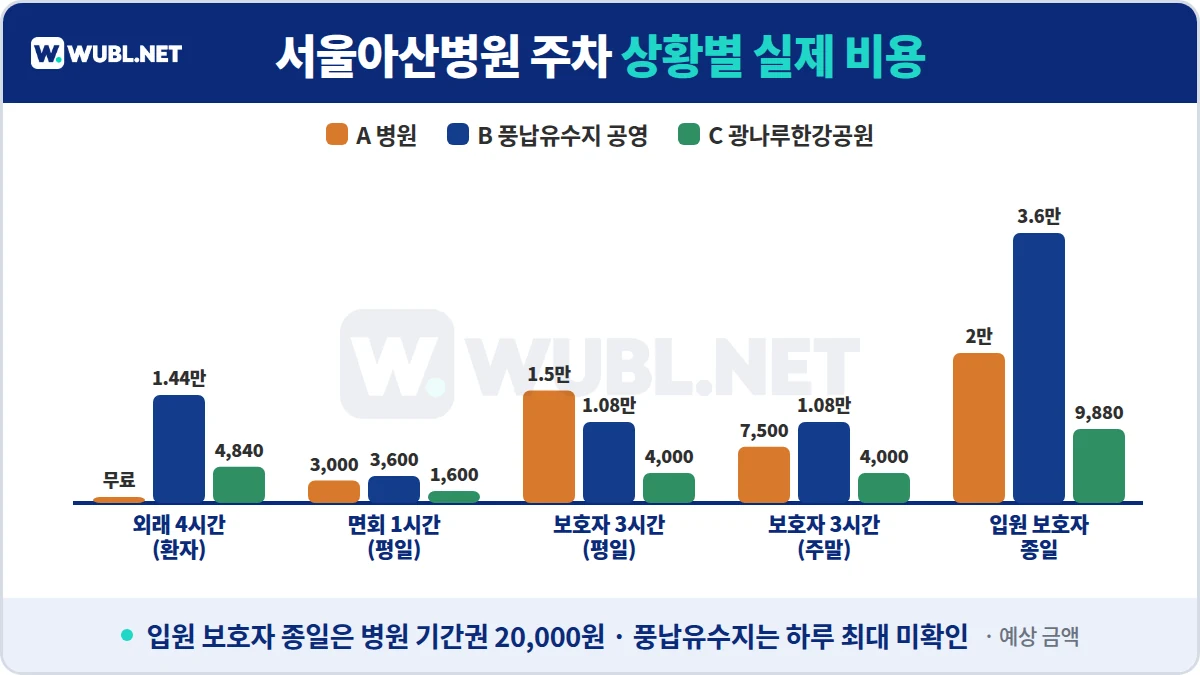 서울아산병원 주차 상황별 실제 비용 - 외래 환자, 면회 1시간, 보호자 3시간, 입원 보호자 종일