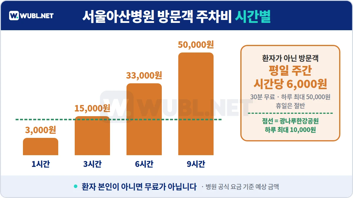 서울아산병원 주차 방문객 시간별 요금 - 1시간 3,000원, 3시간 15,000원, 6시간 33,000원, 하루 최대 50,000원