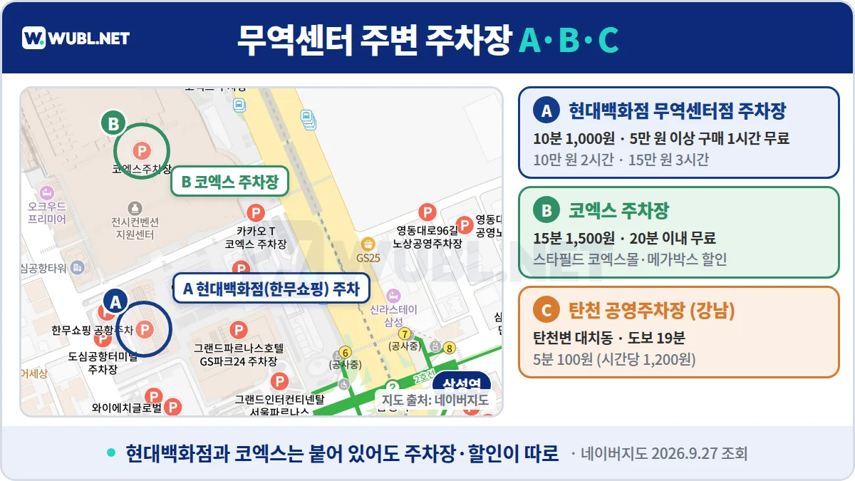 현대백화점 무역센터점 주차장 위치 - 네이버지도 위 현대백화점(한무쇼핑) 주차장, 코엑스 주차장, 삼성역 표시