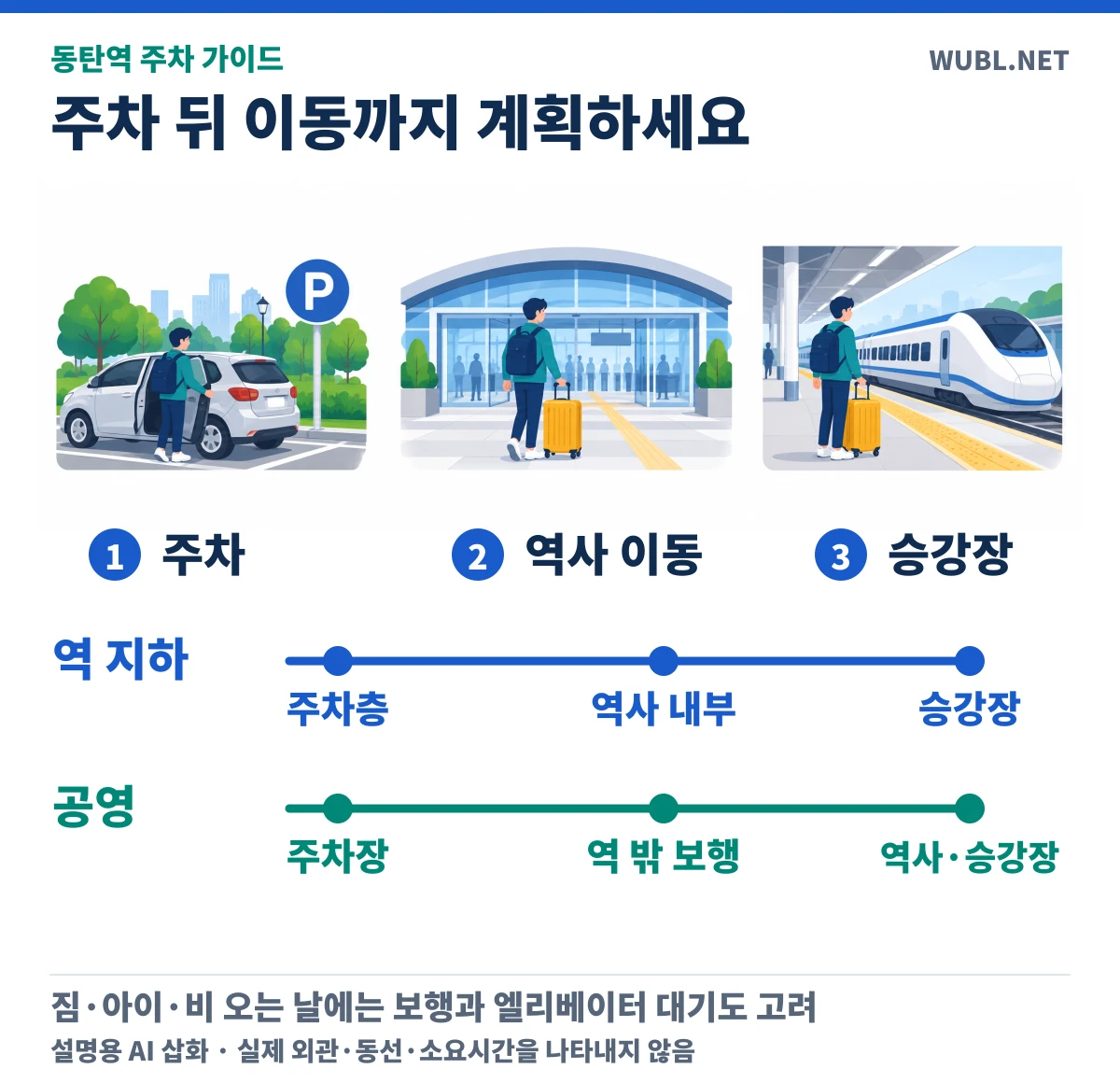 자동차 주차, 역사 이동, 승강장 도착의 세 단계 설명 삽화. 역 지하는 역사 내 이동, 공영은 역 밖 보행 구간을 추가로 고려.