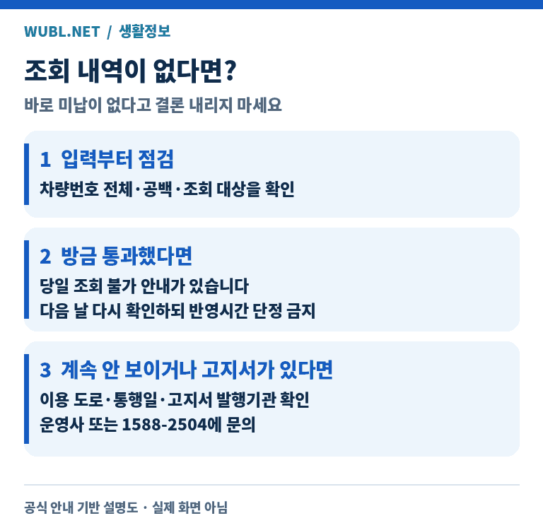 미납 내역이 없을 때 차량번호와 발생일을 확인하고 반영 여부와 이용 도로 운영사에 문의하는 판단도.