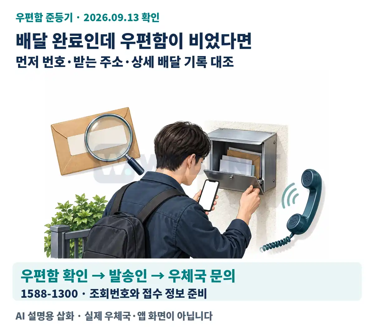 배달 완료인데 물건이 안 보이면? 번호와 주소부터 대조 / 우편함 확인 → 발송인·우체국 문의 설명용 삽화. 실제 화면 아님.