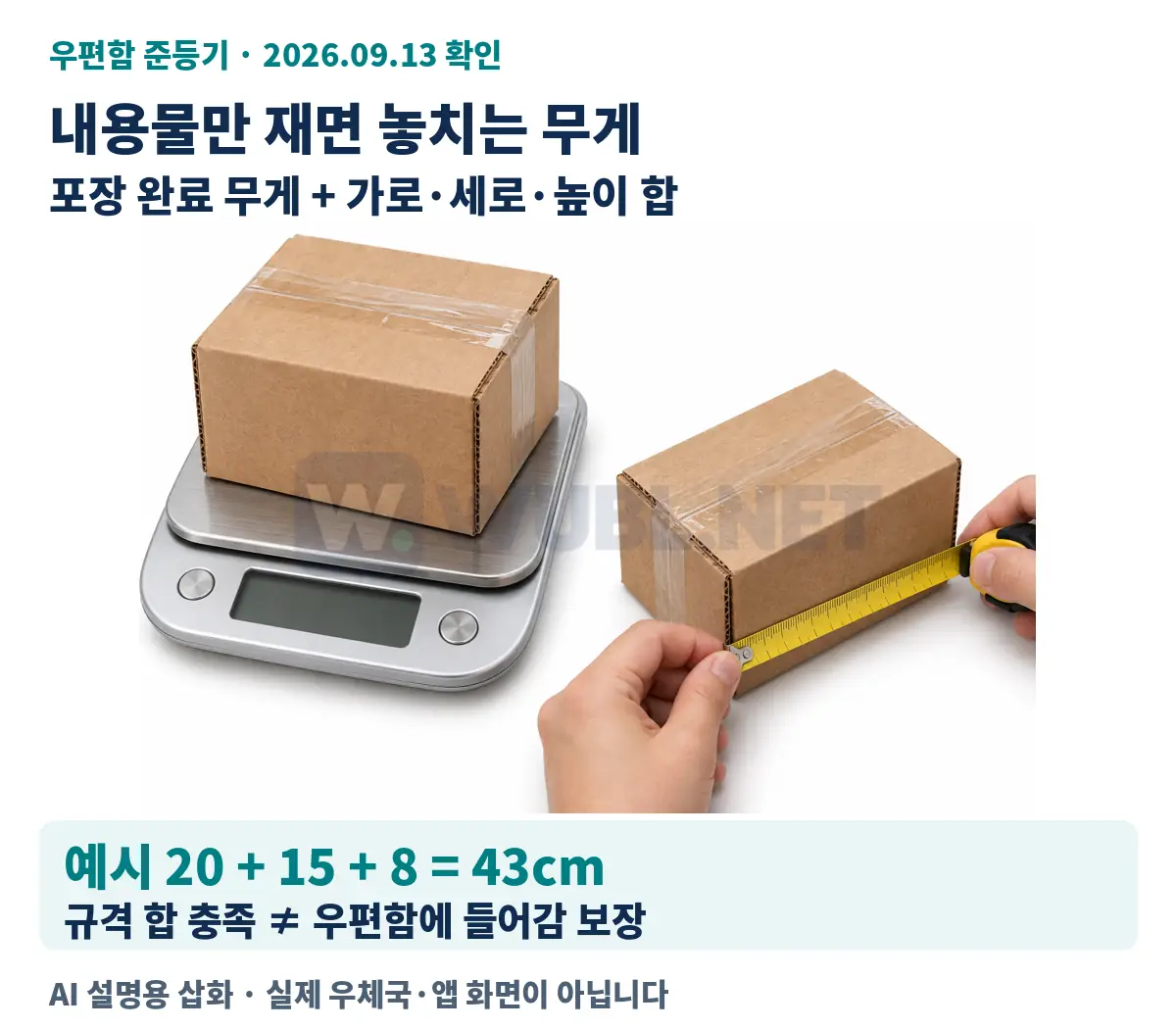 포장한 뒤 무엇을 재나요? 포장한 상태로 확인 / 500g 이하 · 세 변 합 45cm 이하 설명용 삽화. 실제 화면 아님.