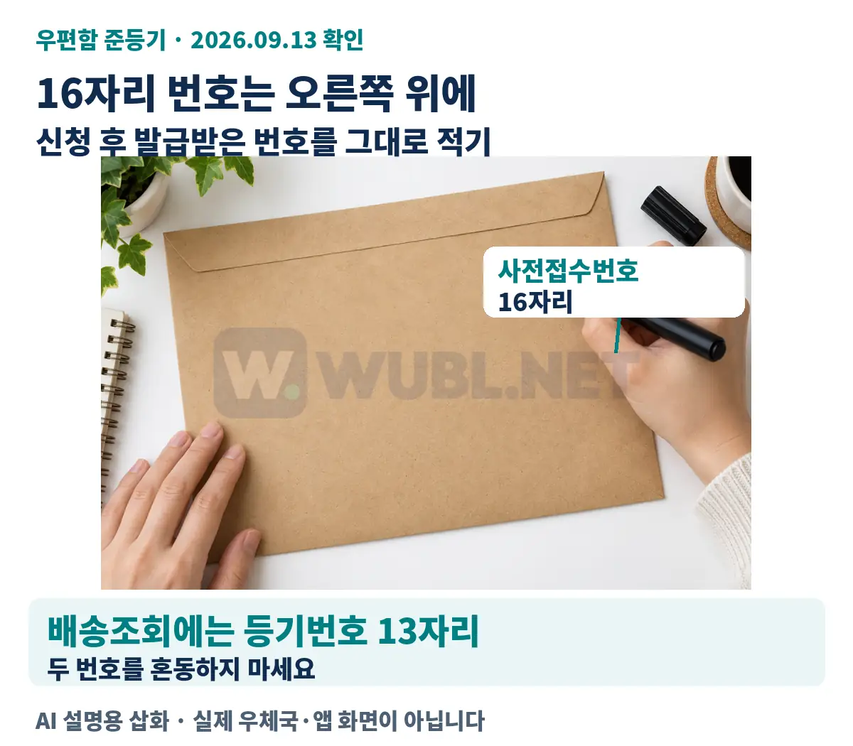 사전접수번호는 어디에 적나요? 사전접수번호 16자리 / 우편물 오른쪽 위에 또렷하게 설명용 삽화. 실제 화면 아님.