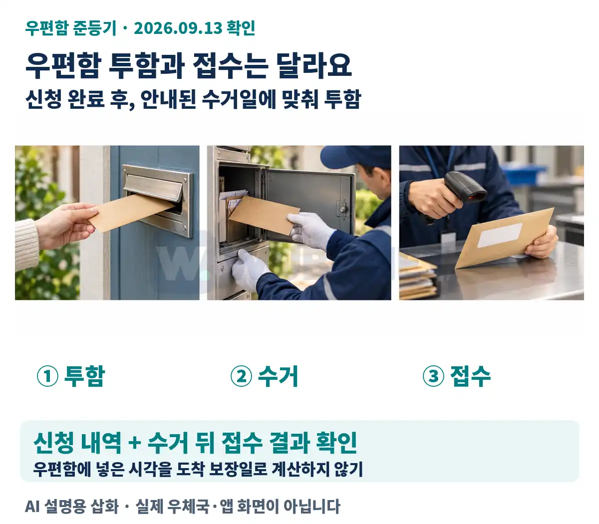 우편함에 넣으면 접수가 끝인가요? 신청 → 투함 → 수거·접수 / 수거 뒤 접수 결과까지 확인 설명용 삽화. 실제 화면 아님.