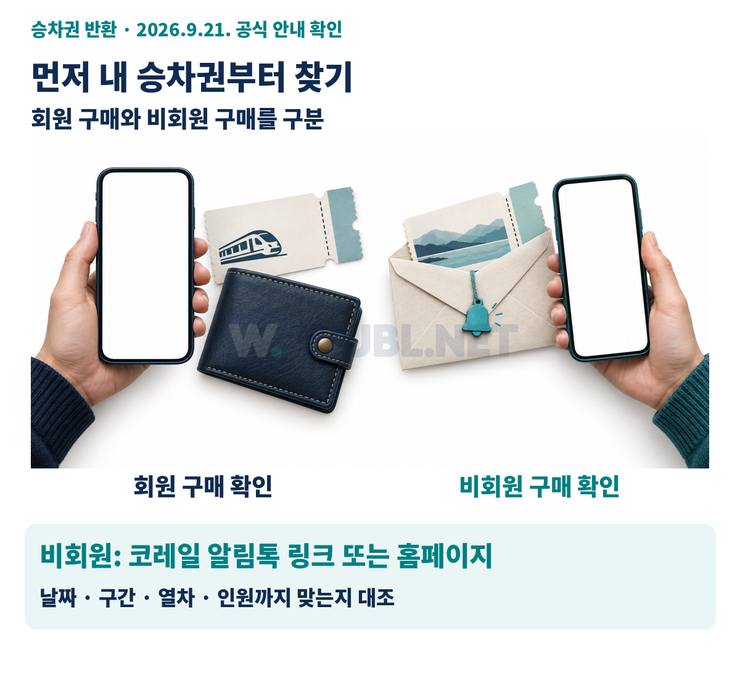 비회원으로 산 표는 어디서 찾나? 회원 구매와 비회원 구매를 구분. 비회원: 코레일 알림톡 링크 또는 홈페이지. 날짜 · 구간 · 열차 · 인원까지 맞는지 대조.