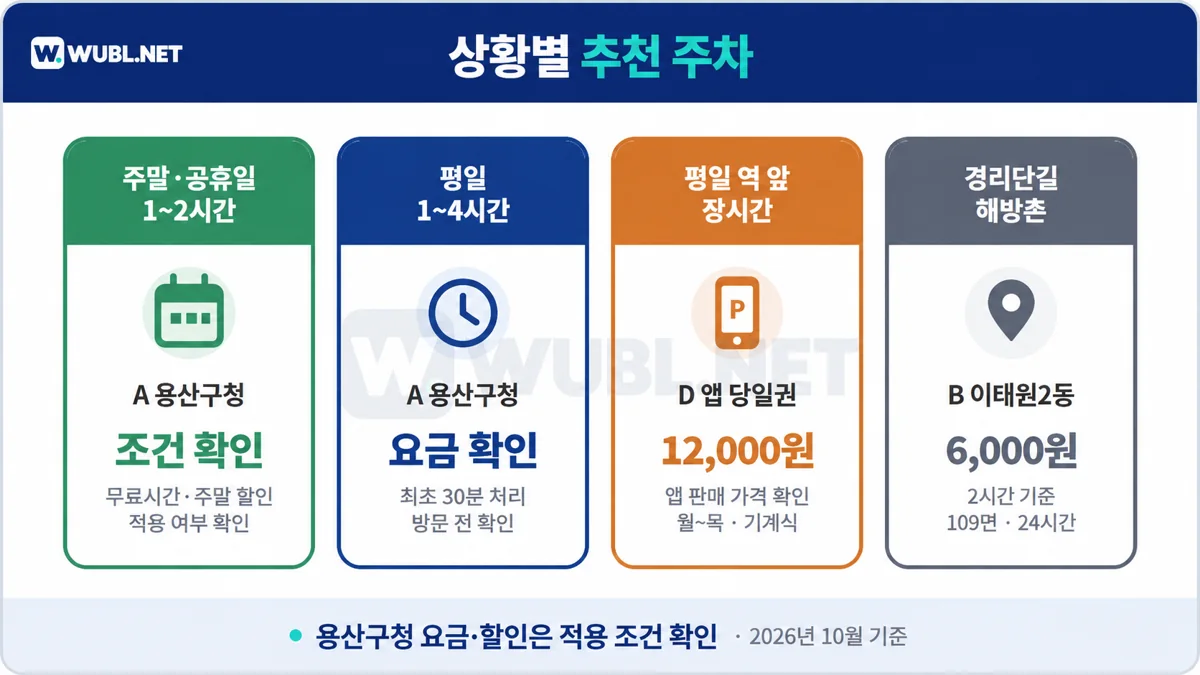 이태원 상황별 주차 - 구청 요금 조건 확인, 앱 월~목 12,000원 표기, 경리단길 이태원2동 공영