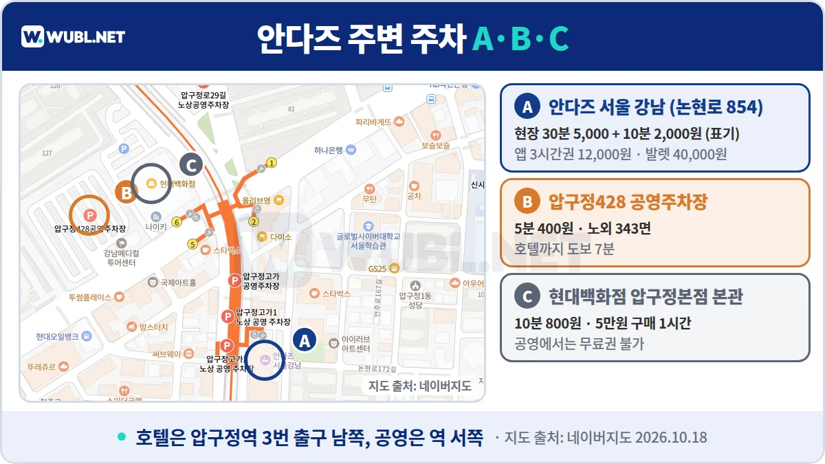 안다즈 서울 강남 주차장 위치 - 네이버지도 위 안다즈 서울 강남, 압구정428 공영주차장, 현대백화점 압구정본점