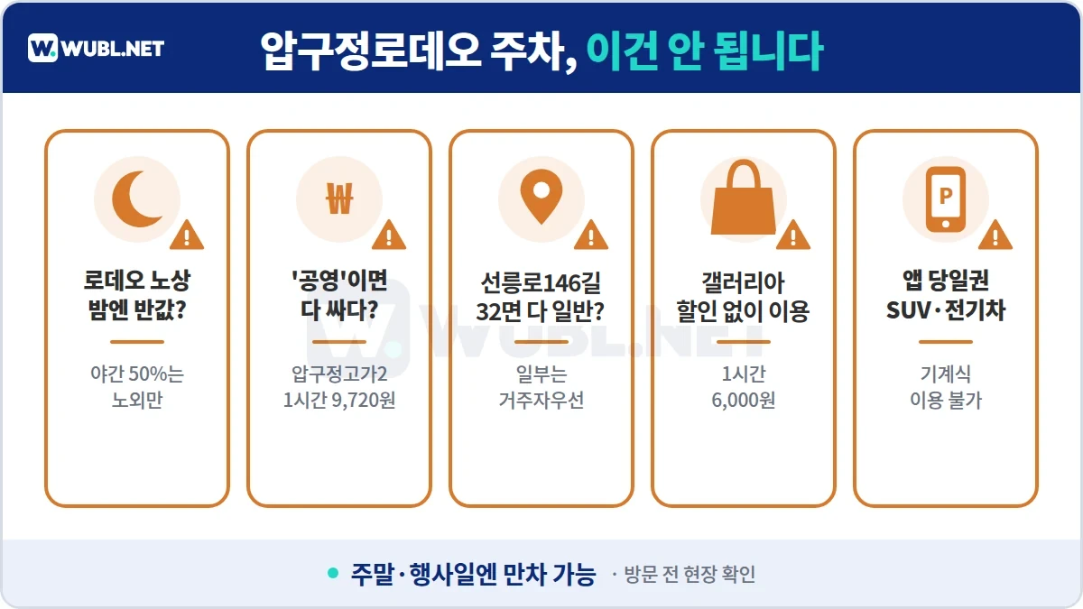 압구정로데오 주차 주의사항: 노상 야간 50% 미적용, 압구정고가2 요금, 선릉로146길 32면 중 거주자우선, 갤러리아 쿠폰, 앱권 차종 제한