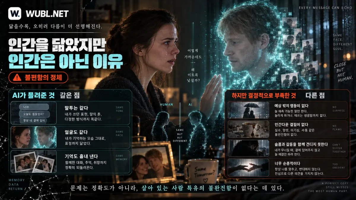 돌아올게 AI가 재현한 말투와 얼굴, 실제 애쉬의 자발성과 불완전함을 비교한 이미지