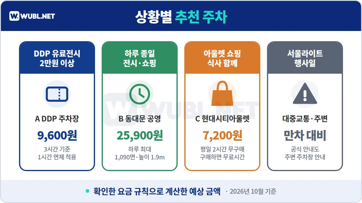 DDP 주차 상황별 추천 - 유료전시 2만원 이상 DDP, 하루 종일 동대문 공영, 아울렛 쇼핑 현대시티아울렛, 서울라이트 행사일 만차 대비