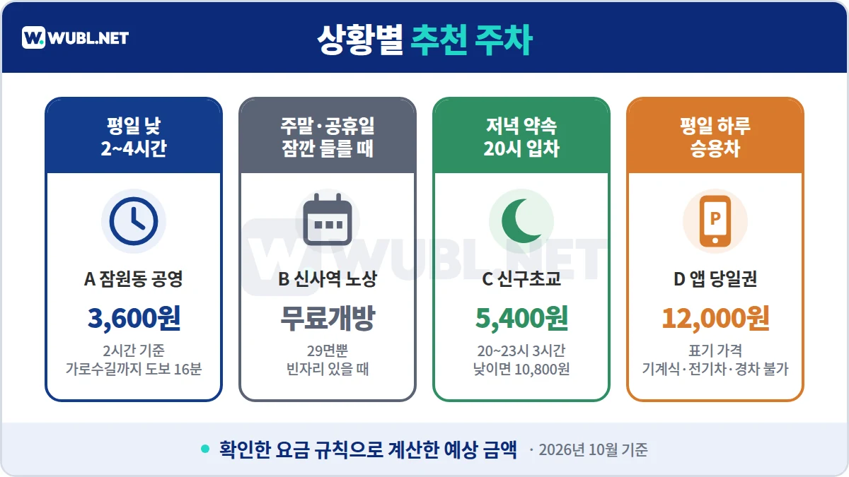 가로수길 주차 상황별 추천 - 평일 잠원동 공영, 주말 신사역 노상 무료개방, 저녁 신구초교 5,400원, 평일 하루 앱 당일권 12,000원