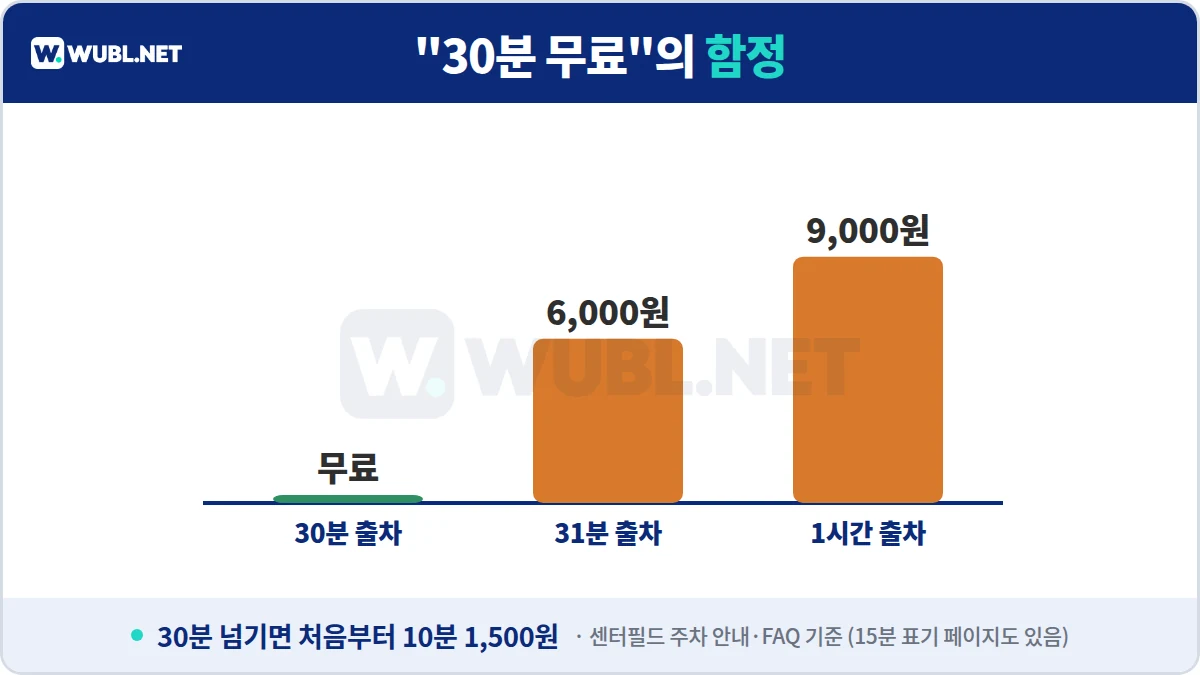 조선팰리스 주차 30분 무료 함정 - 30분 출차 무료, 31분 출차 6,000원, 1시간 9,000원