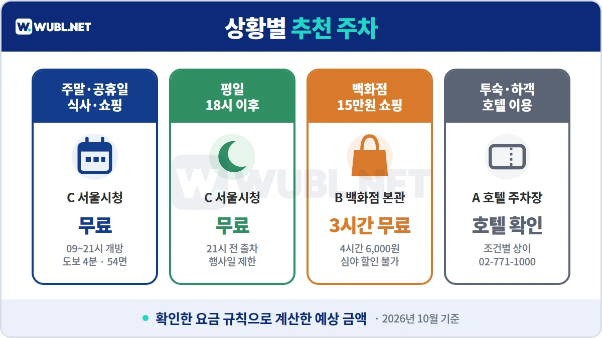 롯데호텔 서울 주차 상황별 추천 - 주말·공휴일 서울시청 무료, 평일 18시 이후 서울시청 무료, 백화점 15만원 쇼핑 3시간 무료, 투숙·하객은 호텔 확인