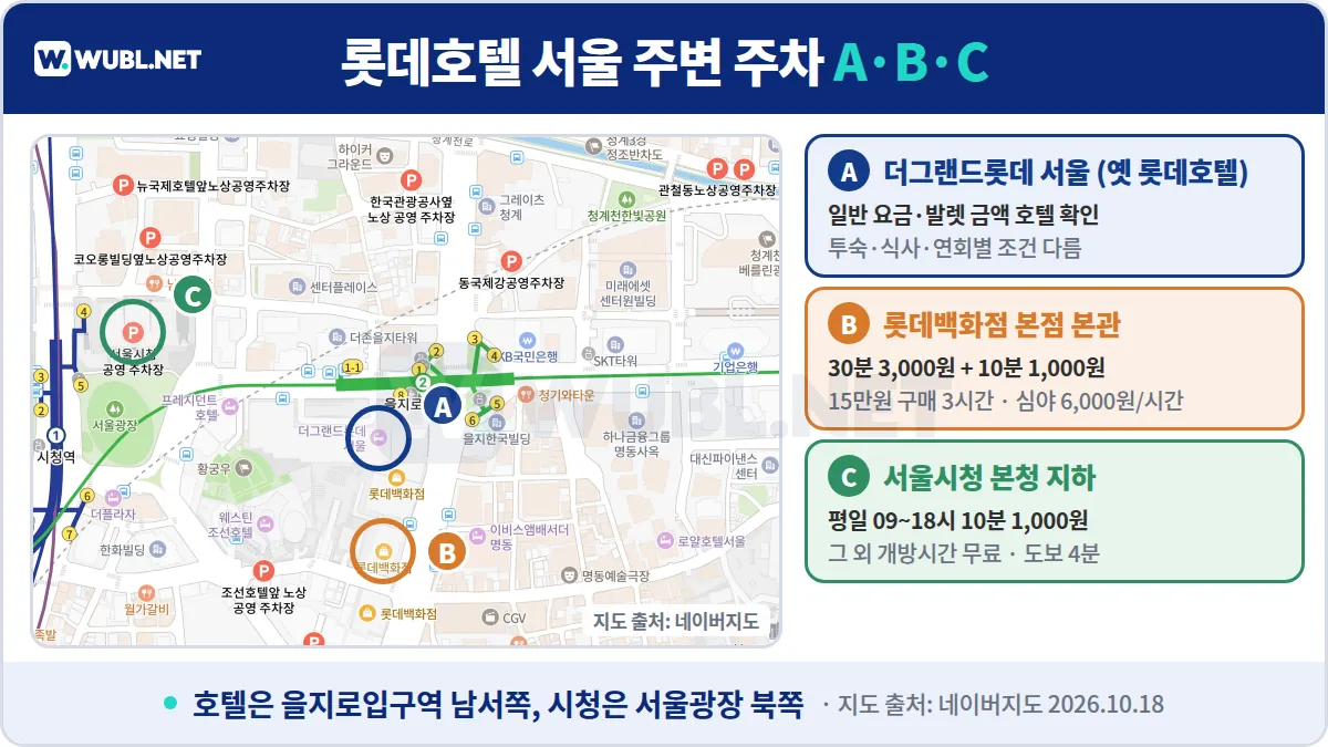 롯데호텔 서울 주차장 위치 - 네이버지도 위 더그랜드롯데 서울(옛 롯데호텔 서울), 롯데백화점 본점, 서울시청 공영 주차장