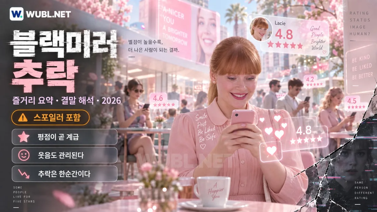 블랙미러 추락 레이시의 웃는 얼굴과 평점 사회를 표현한 대표 이미지