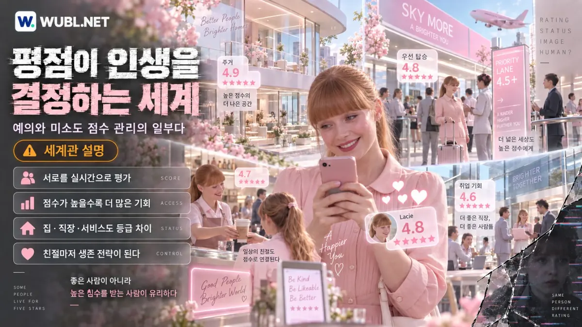 블랙미러 추락 상호 평가와 주거, 직장, 서비스 기회가 점수에 연결되는 세계관