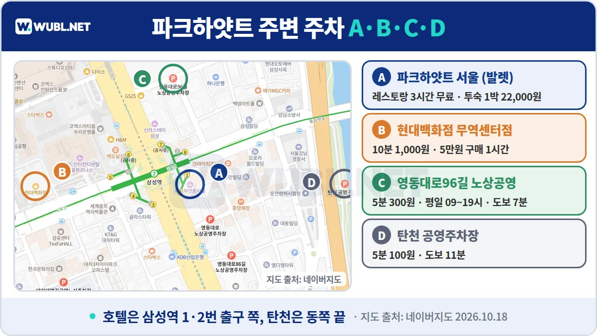 파크하얏트 서울 주차장 위치 - 네이버지도 위 파크하얏트 서울, 현대백화점 무역센터점, 영동대로96길 노상공영, 탄천 공영주차장