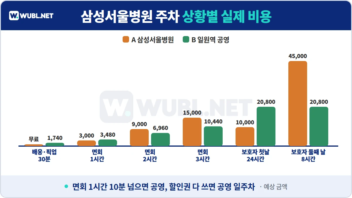 삼성서울병원 주차 상황별 실제 비용 - 배웅 30분, 면회 1·2·3시간, 보호자 첫날 24시간, 보호자 둘째 날 8시간