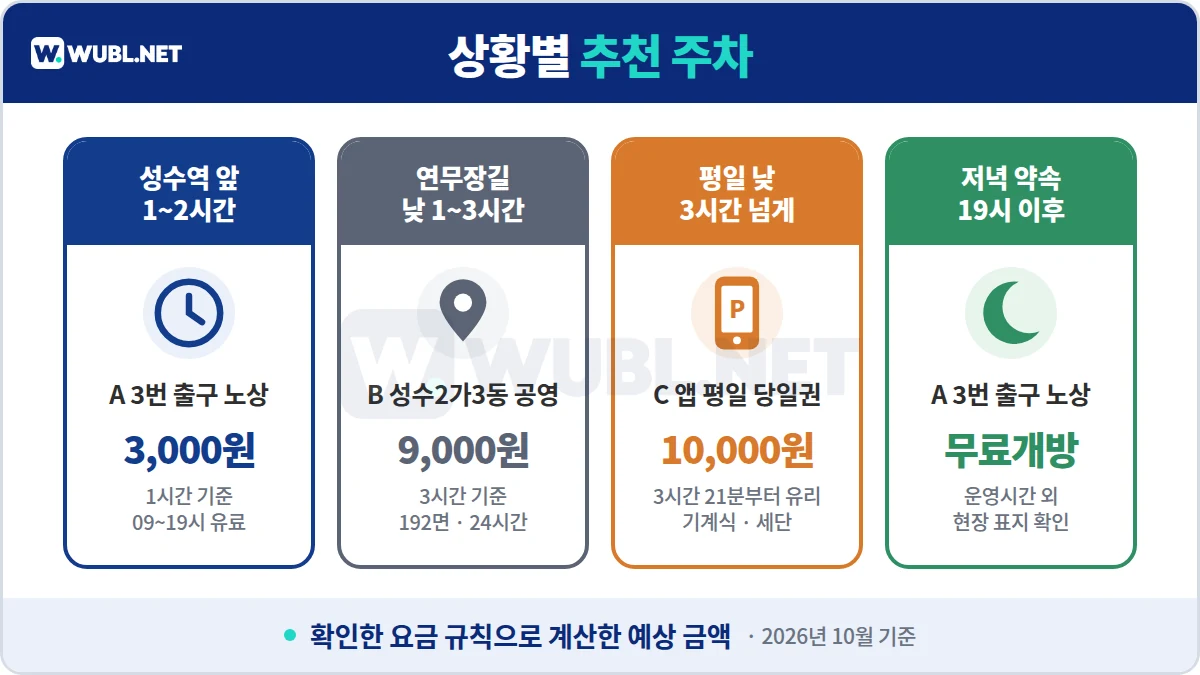 성수동 주차 상황별 추천 - 성수역 앞 3번 출구 노상, 연무장길 성수2가3동 공영, 평일 앱 당일권 10,000원, 저녁 19시 이후 노상 무료개방