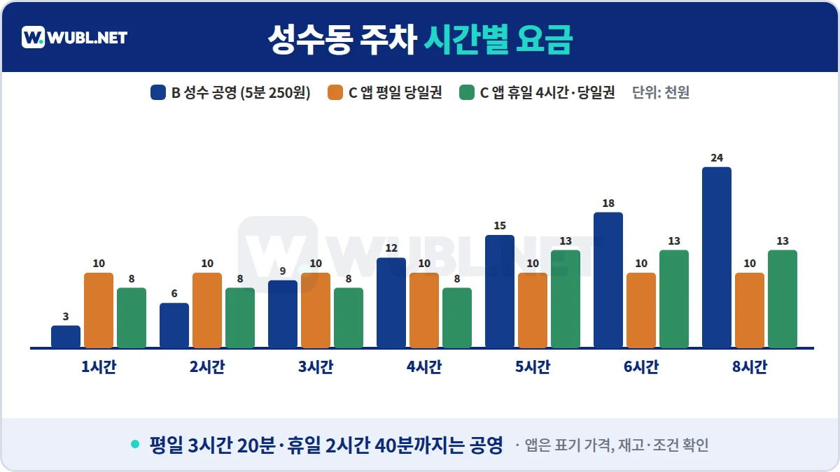 성수동 주차 시간별 요금 차트 - 성수 공영 5분 250원, 앱 평일 당일권 10,000원, 휴일 4시간권 8,000원·당일권 13,000원