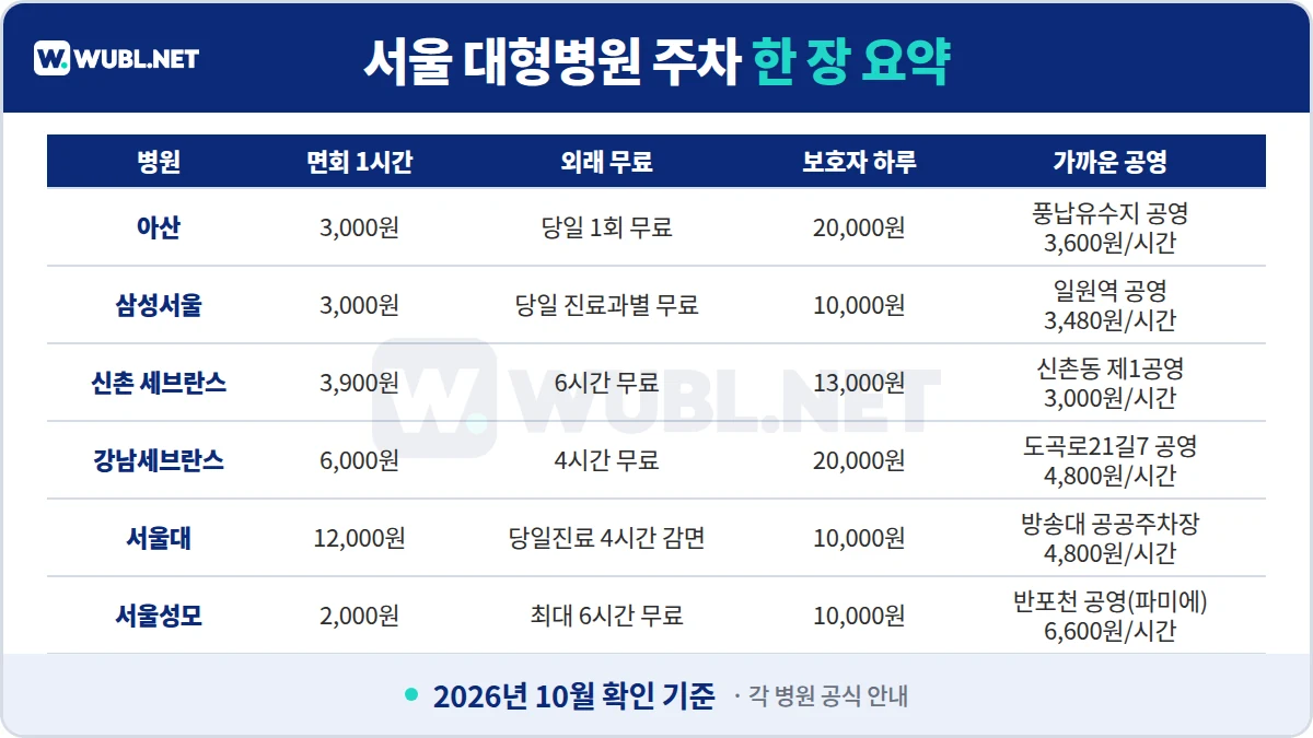 서울 대형병원 주차비 한 장 요약 - 6곳 면회 1시간, 외래 무료, 보호자 하루, 가까운 공영주차장