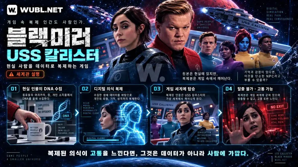 USS 칼리스터의 DNA 수집, 디지털 의식 복제, 게임 속 감금과 고통을 설명한 세계관 이미지