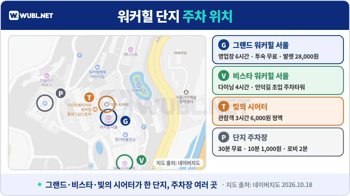 워커힐 주차장 위치 - 네이버지도 위 그랜드 워커힐 서울, 비스타 워커힐 서울, 빛의 시어터, 단지 주차장