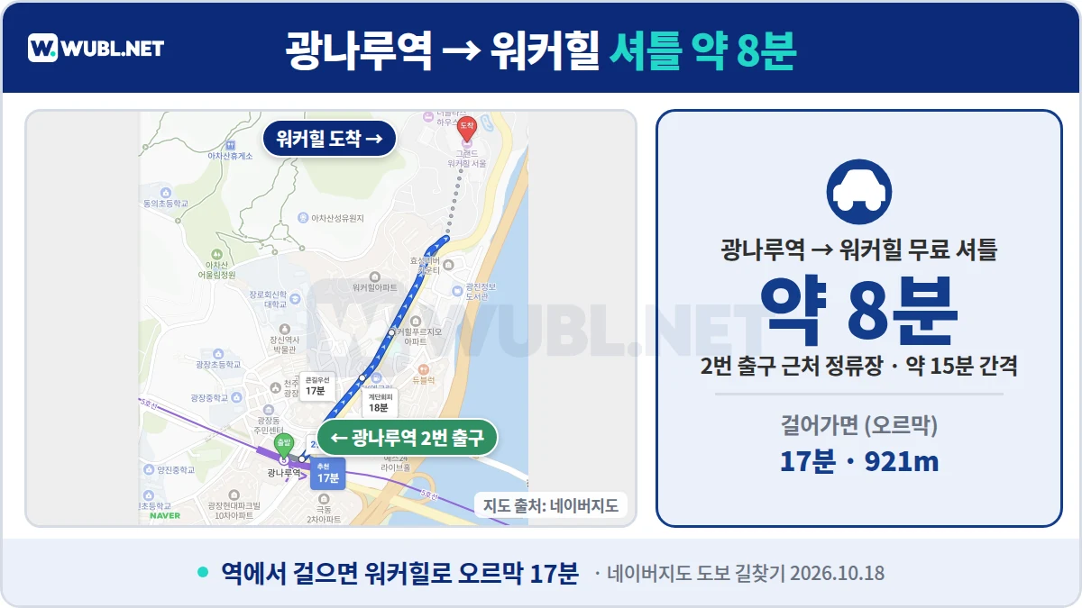 워커힐 주차 광나루역에서 그랜드 워커힐까지 무료 셔틀 약 8분, 도보 17분