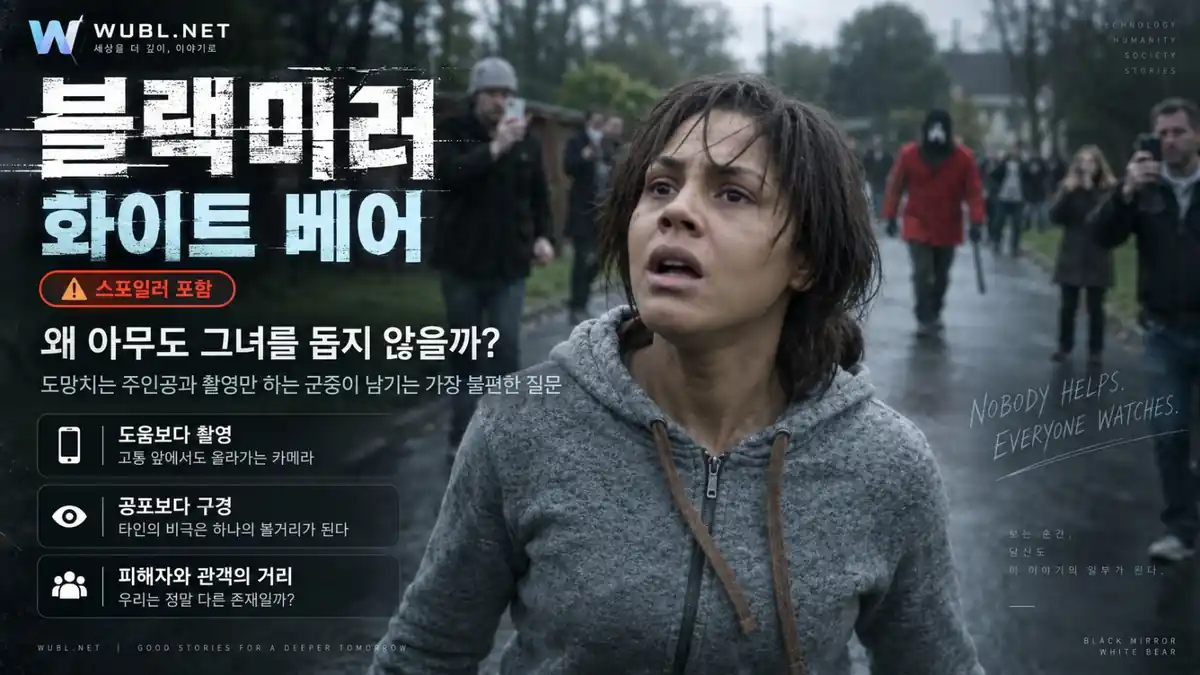 블랙미러 화이트베어 빅토리아가 도망치고 군중이 휴대전화로 촬영하는 대표 이미지