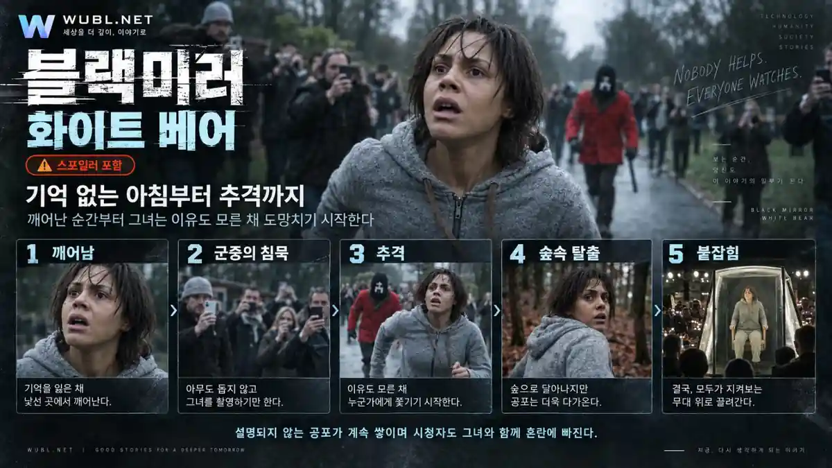 화이트베어 기억 없는 아침, 군중의 침묵, 추격과 숲의 위협, 공개 무대로 이어지는 줄거리
