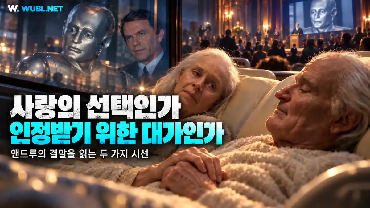 노년의 앤드루와 포샤의 맞잡은 손, 사랑과 사회적 인정의 두 해석