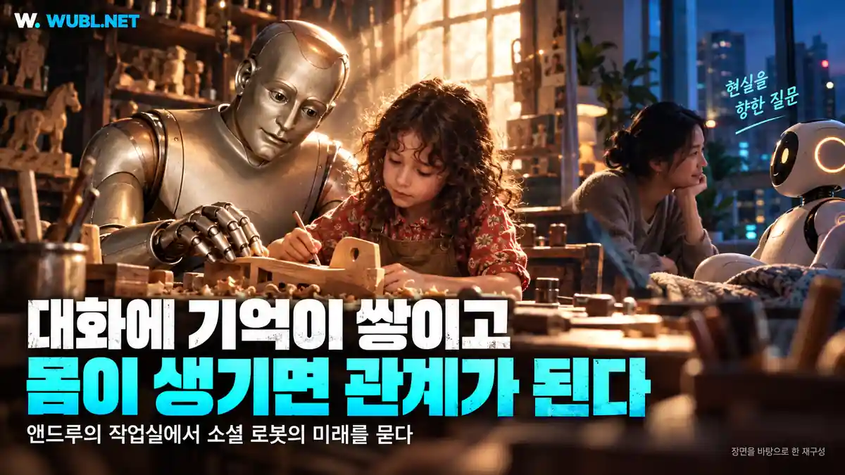 작업실에서 아이와 목공을 하는 앤드루와 가상의 소셜 로봇 대화 장면
