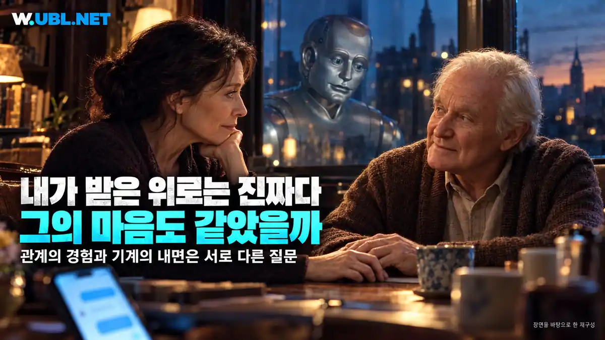 인간 모습의 앤드루의 경청과 창에 비친 은빛 로봇, 위로와 마음의 차이