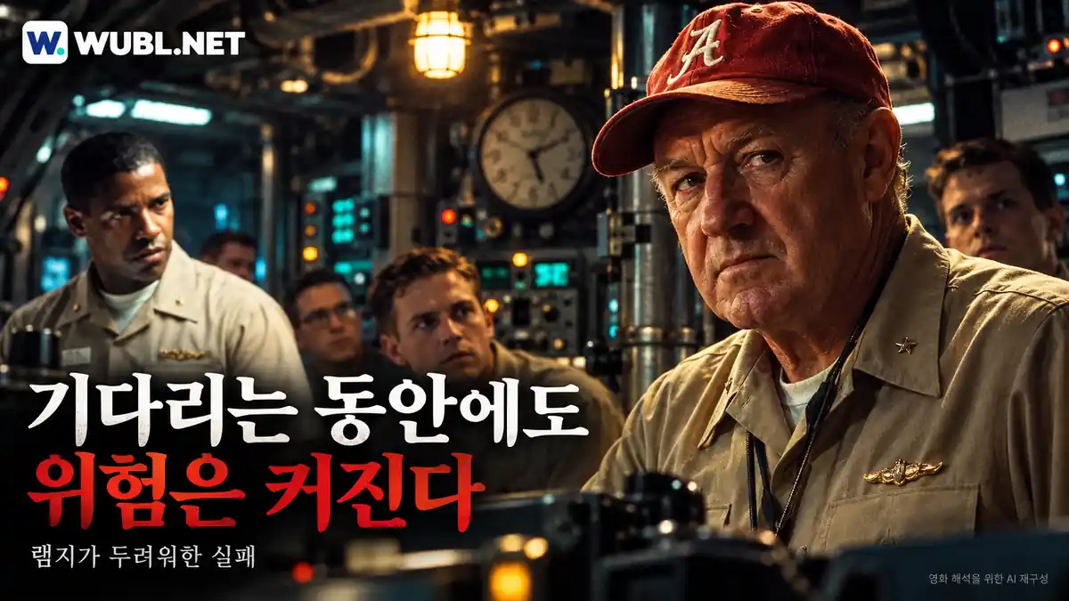 명령을 기다리는 승조원들 앞에서 결정을 내려야 하는 램지 함장의 무거운 표정